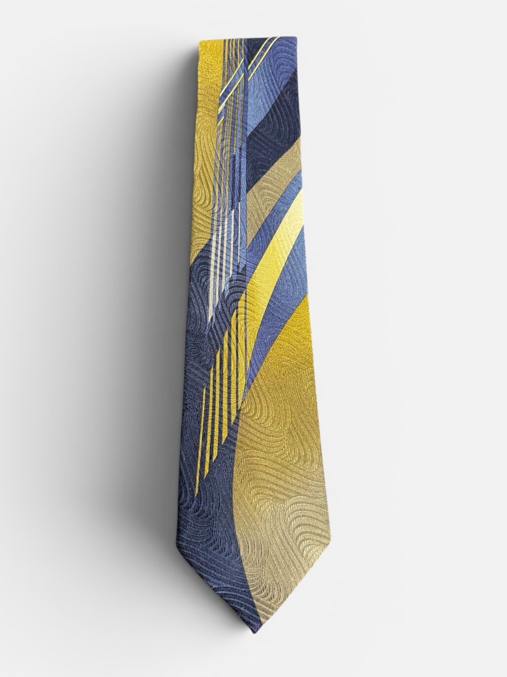 Vitaliano Pancaldi men’s yellow blue abstract pattern 100% silk neck tie EUC